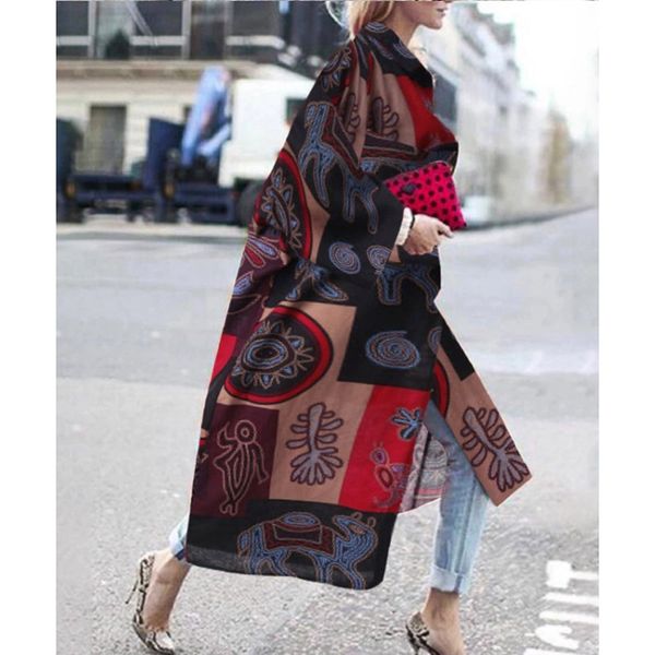 

coat women spring cotton new fashion jacket women fashion casual retro print long sleeve long coat casual outerwear, Black