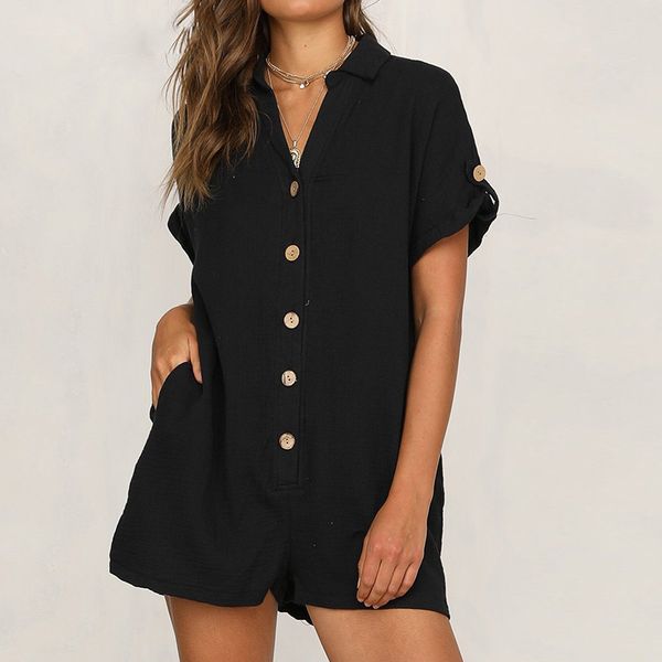 

женская комбинезон лето с коротким рукавом белье playsuit женщины комбинезон повседневная кнопка вверх карманы трубка широкая нога sexy поли, Black;white