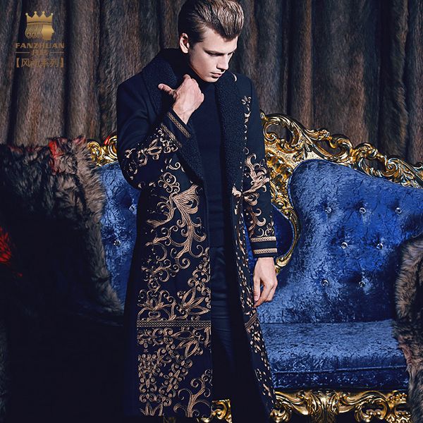 

fanzhuan new 2017 fashion casual man male men's long slim warm coat autumn winter embroidery baroque 710171, Black