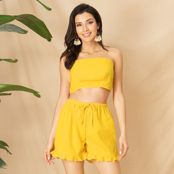 

2019 new women's 2 piece women's fashion casual backless back wrapped chest vest shorts two-piece summer, White