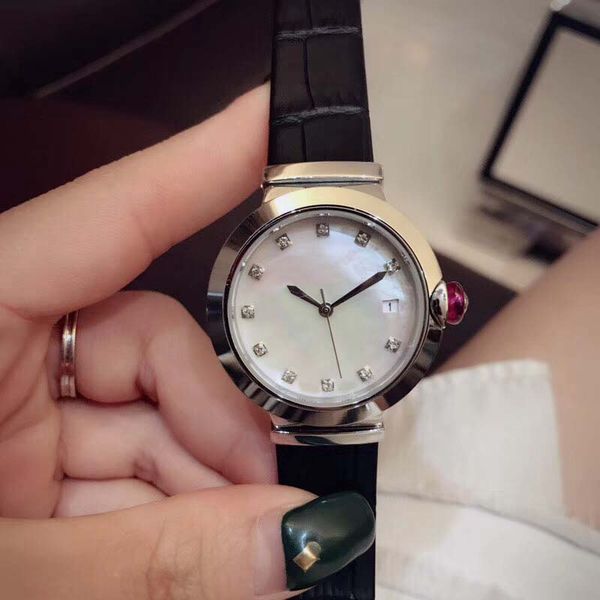 

elegant 33mm quartz battery womens watches ladies watch mother of pearl white dial diamond hour markers with black leather band pink crown, Slivery;brown