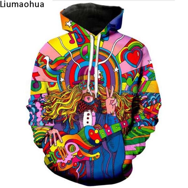 

new hippie musician colorful print 3d hoodie sweatshirt men's and women's winter warm jacket trendy pullover harajuku top, Black
