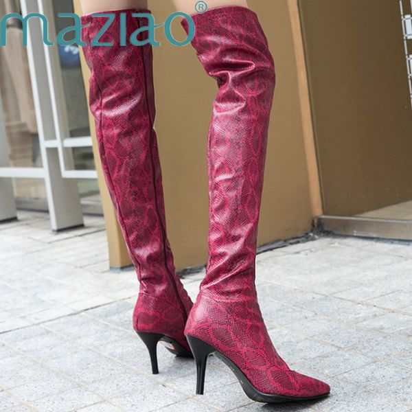 

snakeskin fashion autumn winter pointed toe zip over the knee boots thin high heels prom thigh high boots women maziao, Black