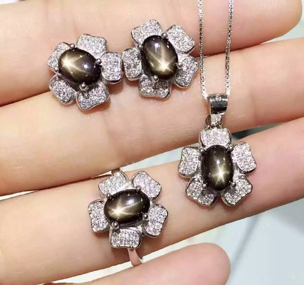 

natural starlight sapphire stone wedding jewelry sets natural gemstone ring necklace earrings s925 silver fashion rose flowers, Black