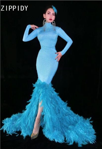 

blue pearls long train feather dress women singer dancer outfit bar birthday celebrate dress stage prom evening, Black;red