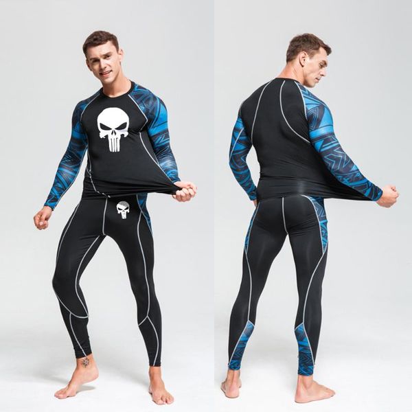 

men's running set punisher gym jogging thermo underwear xxxxl skins compression fitness rashgard male skull sports suit, Black;blue