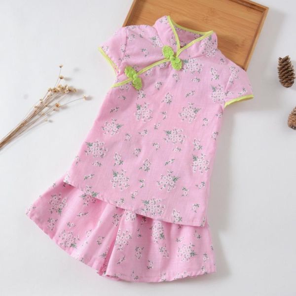 

toddler kid chinese style summer sets 2020 baby girl pink floral printed cheongsam shirts + dress outfits baby kid party costume, White