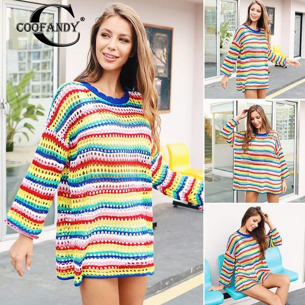 

women casual o-neck long sleeve patchwork multicolor hollow spring, autumn loose sweater, White;black