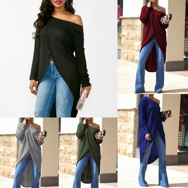 

fashion women summer long sleeve loose casual split shirt skew neck, White