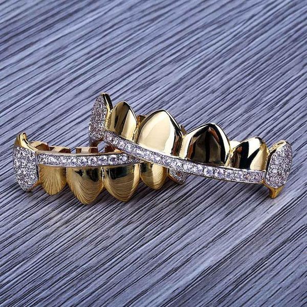 Grills Gold Grillz Schmuck Hip Hop Dental Grills 2019 Mode Exquisite Glaring Zirkon 18K Gold Überzogene Zähne Zahnspangen 2 stück Set Großhandel