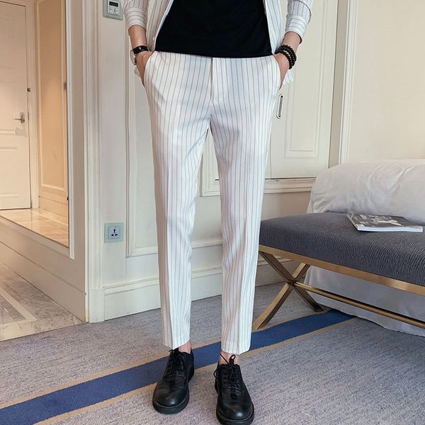 

2019 summer new korean men's college wind wild casual fashion nine points feet business england striped trousers, White;black