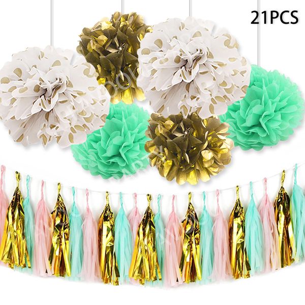 Acheter Set 10 Pouces Menthe Papier Vert Fleurs Rose Or Dot Pompon Guirlande Diy Pompoms Bébé Douche Dété Partie Décoratif Fournitures T190709 De