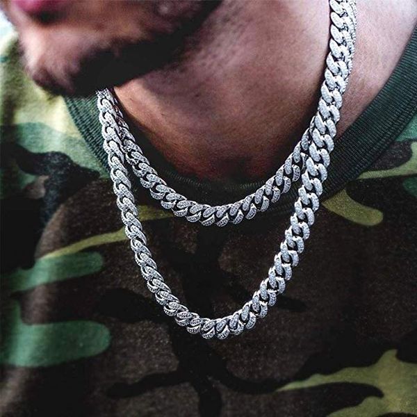 

12mm cuban link chain 14k gold iced out chains for men prong setting cz stones cuban choker chains, Silver