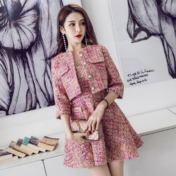 

2020 autumn winter runway tweed 2 piece set women short jacket coat +mini tank wool blend skirt suits office female sets db349, White;black