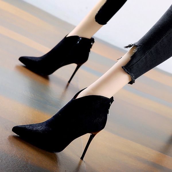 

elegant v mouth thin heeled high heel boots cotton boots pointed toe simple man-made diamond square buckle, Black