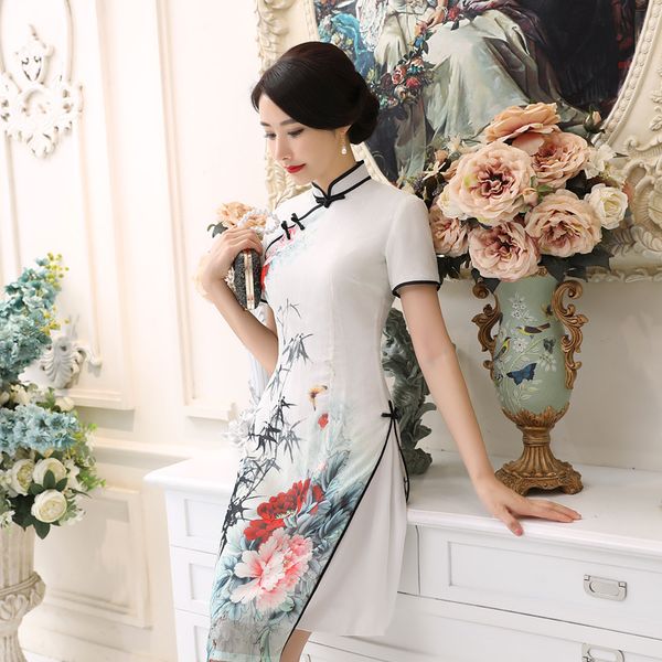 

2019 горячие продажи sexy white satin вьетнам ао дай платье китайской традиционной дамский с коротким рукавом печати элегантный короткое пла, Red