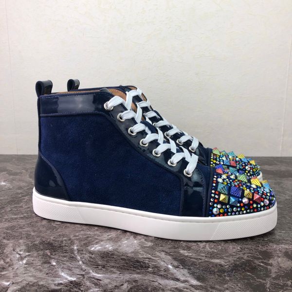 

with box] blue suede leather men high sneakers rhinestone sneakers shoes party wedding crystal studs red bottom women's men's sal, Black