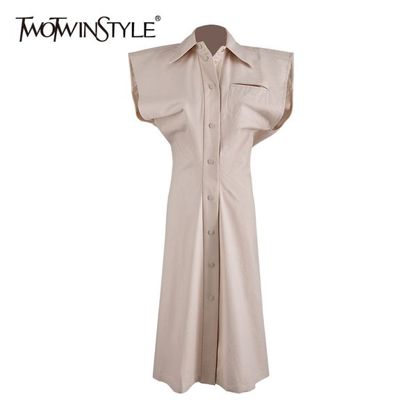 

twotwinstyle casual summer dress women lapel collar sleeveless high waist tunic ruched midi dresses for female fashion 2020 tide, Black;gray