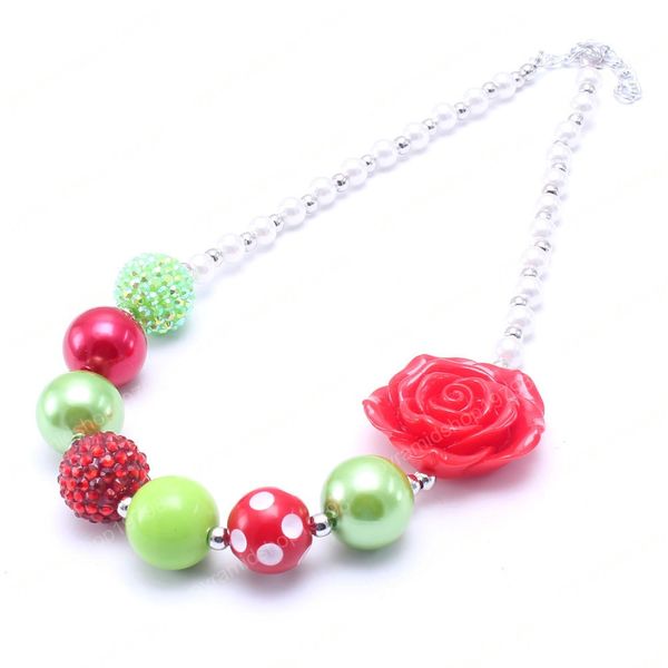 

red color flower christmas kid chunky necklace bubblegum bead baby girl chunky necklace jewelry for toddler children, Red;brown