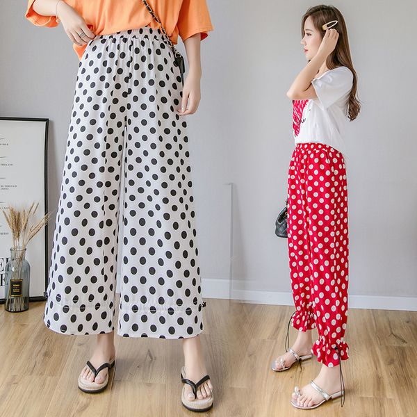 

2019 women chiffon pants summer high waist wide leg pant female lace up loose holiday print dot ankle-length pants trousers, Black;white