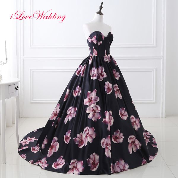 

ilovewedding new arrival printed satin prom dresses 2017 sweetheart ball gown chapel train empire formal prom gowns 26402, White;black