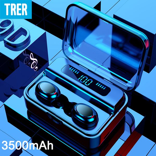 

trer wireless headphones bluetooth tws 5.0 9d bluetooth earphone led display stereo earbuds 3500mah power bank with microphone