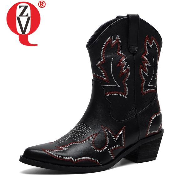 

zvq outdoor western boots genuine leather winter plush printed totem pointed toe cowboy motorcycle boots mid heels women's shoes, Black