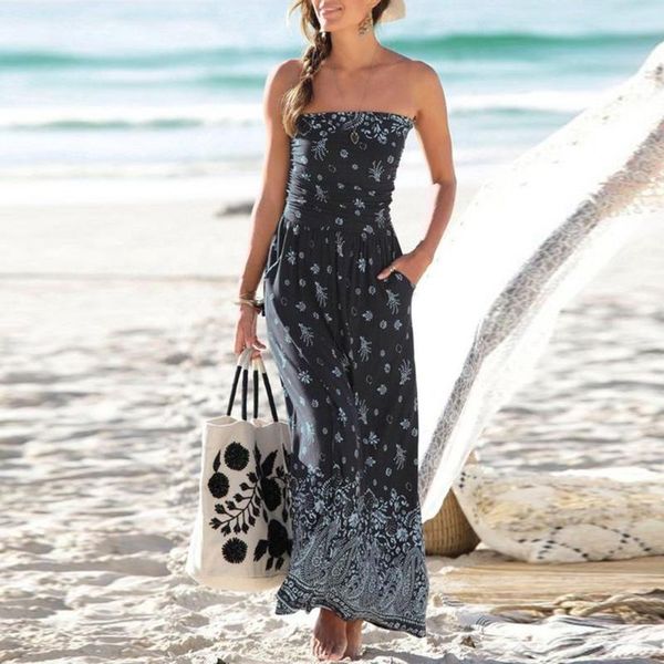 

long dresses womens 2020 print bandeau holiday off shoulder ladies summer sleeveless maxi dress sundress vestidos leisure retro, Black;gray