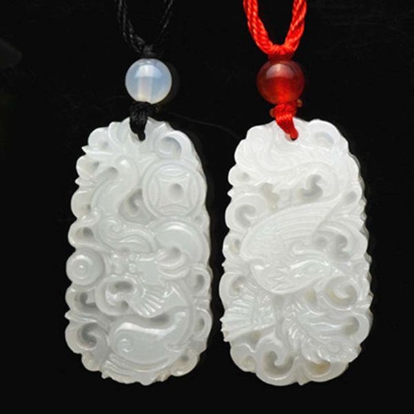 

one pair natural white jade dragon and phoenix pendant fashion lovers j jewelry gift rope, Silver