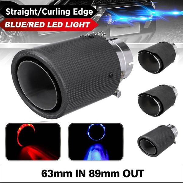 

2.5" 63 in 89 out car carbon fiber exhaust muffler tip pipe car rear tail throat liner with led light curling straight edge