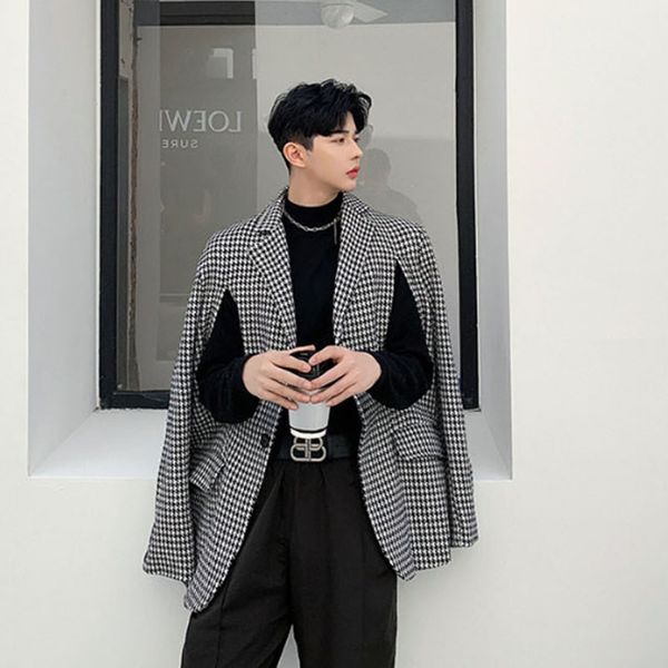 

men 2 style wear loose casual thick plaid suit coat shawl male vintage streetwear fashion blazer jacket outerwear, White;black
