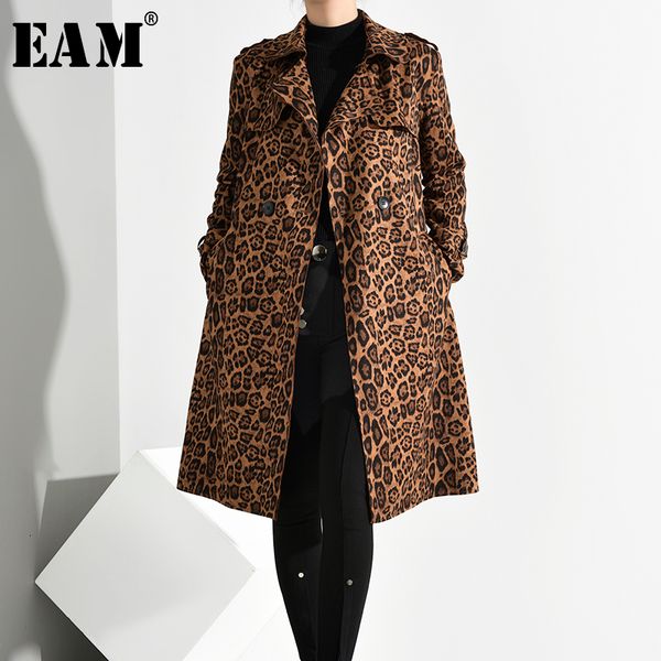 

eam] women leopard print split long bandage trench new lapel long sleeve loose fit windbreaker fashion tide spring 2020 a856, Tan;black
