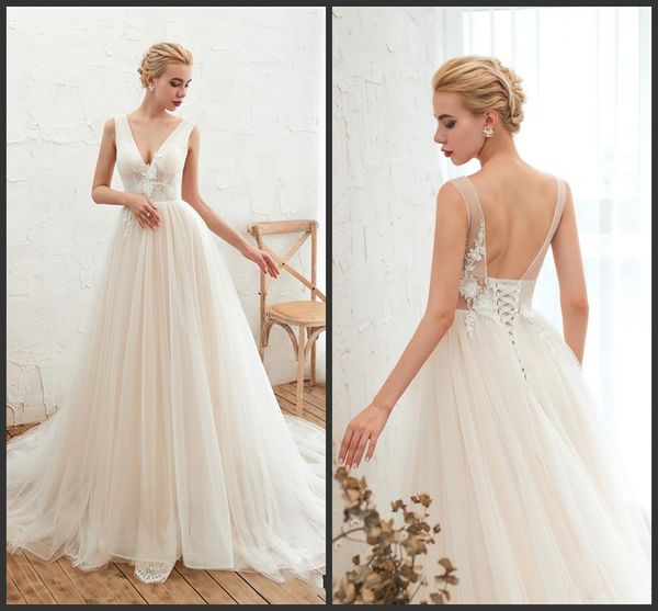 

сексуальное белое свадебное платье без спинки a-line глубокий v-образный вырез на шнуровке свадебные платья с жемчугом аппликации свадебные, White