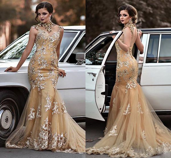 

gold champagne mermaid evening dresses saudi arabic dubai style new arrival 2020 open back bridal party gowns formal appliqued sequined, Black;red
