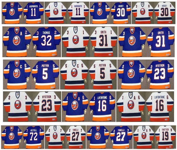 

vintage new york islanders jerseys 5 denis potvin 23 bob nystrom 16 pat lafontaine 11 kasparaitis 30 kelly hrudey 72 ron hextall retr hockey, Black;red