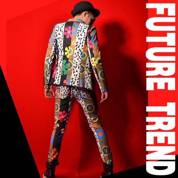 

colorful flower printing splice men slim fit casual suit jacket blazers coat male dancer singer dj fashion stage costumes custom, White;black
