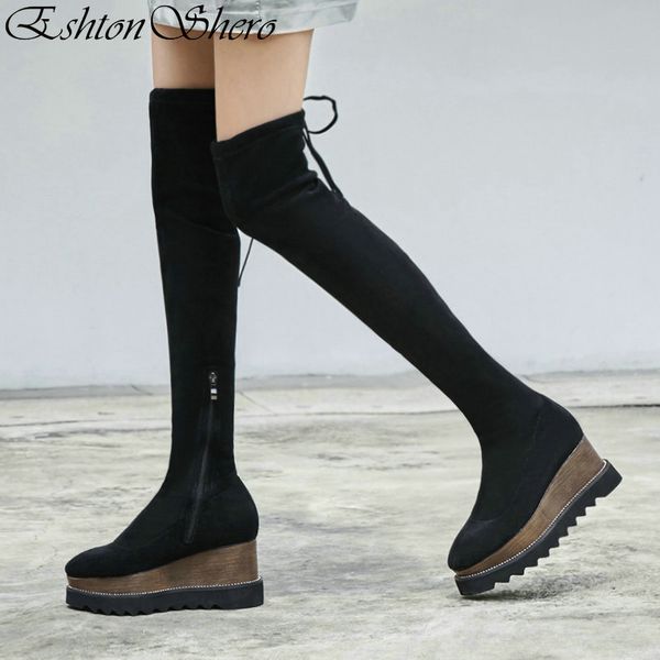 

eshtonshero women over the knee boots wedge high heel shoes zipper round toe winter woman black ladies motorcycle boot size 3-8