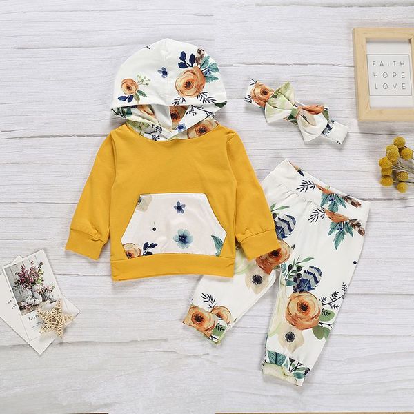 

baby girls clothes set princess girl clothes set sweatshirt + floral pants +headband toddler autumn clothing #e, White