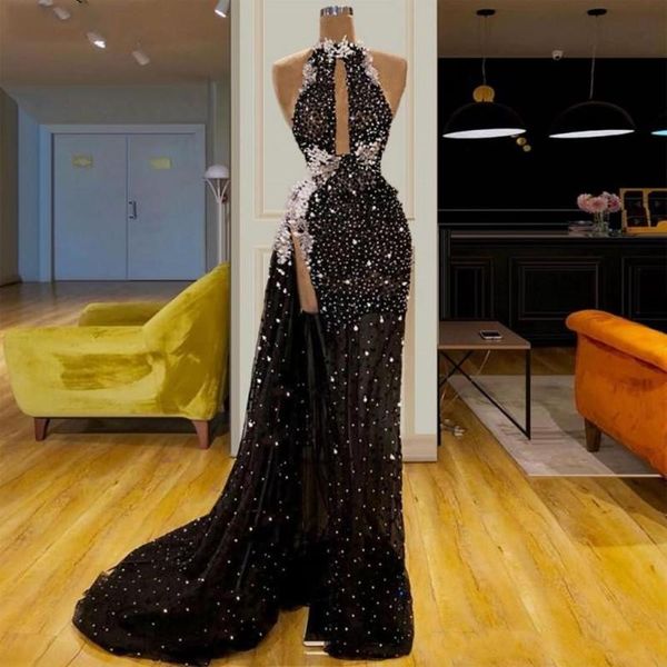 

black halter evening dresses major beading appliques high side split mermaid prom dress backless vestidos de fiesta de noche, Black;red