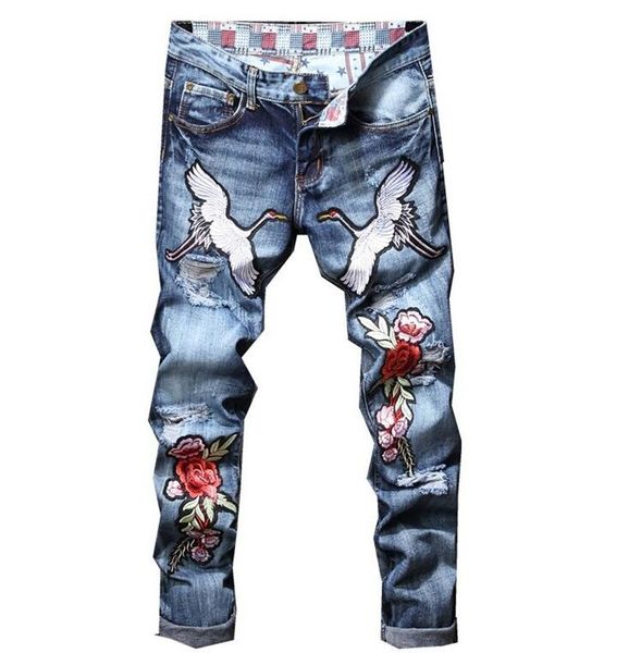 

motorcycle jeans men broken hole embroidery biker jeans men trousers male denim pants masculino blue original design