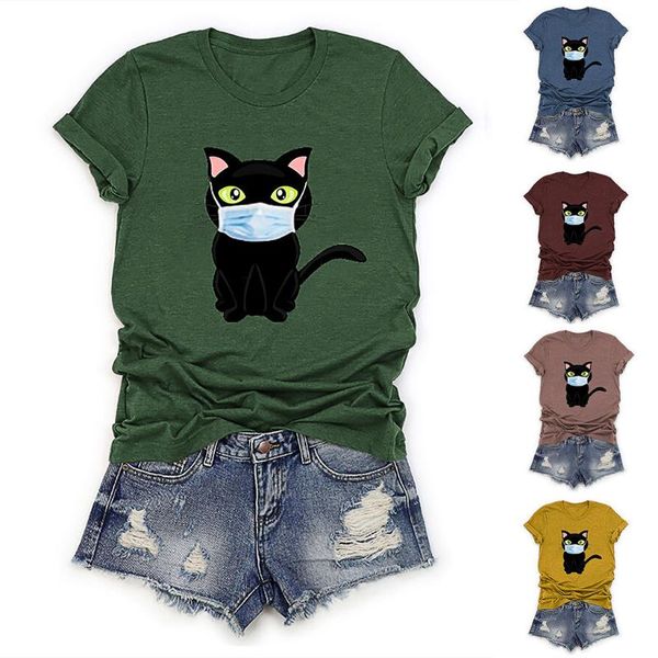 

лето с коротким рукавом льняная футболка женская мультфильм кошка маска печатных топы круглый вырез повседневная удобная плюс размер футболк, White