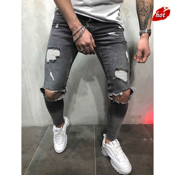 

cotton jean men's hip hop pants vintage hole slim straight trousers for guys 2018 summer autumn ripped jeans men plus size o8r2, Blue