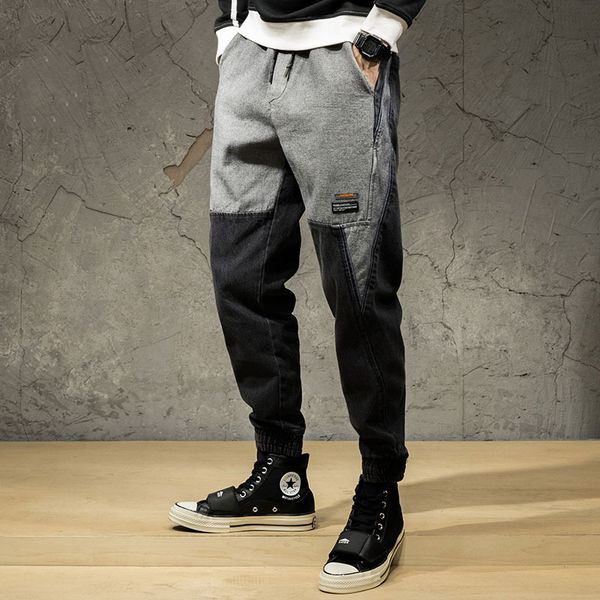 

fashion streetwear men jeans loose fit spliced designer denim cargo pants harem jeans black gray hip hop men joggers pants, Blue
