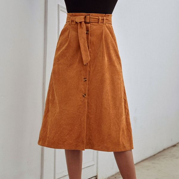 

high waist corduroy skirt for women 2019 new autumn winter a-line skirt plus size clothing casual button skirts with belt 50152, Black