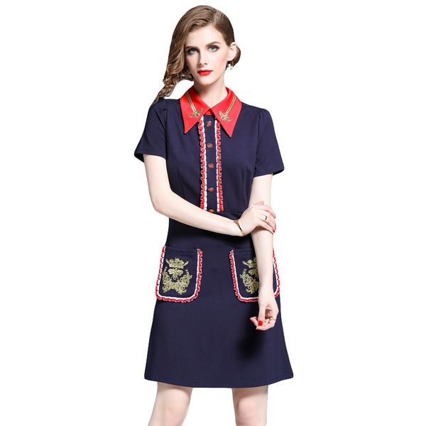 

luxury runway women's lapel neck bee embroidery dress spring fall elegant office lady business slim short sleeve knee-length dresses, Black;gray