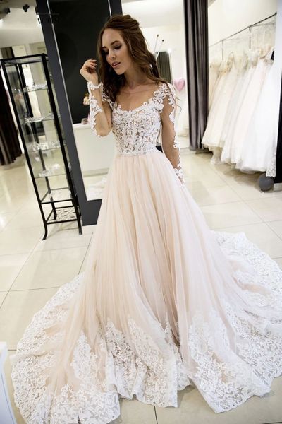 

romantic robe de mariee illusion long sleeves wedding dresses crew 2019 lace beaded tulle vestidos de noiva bride dress wedding gowns, White