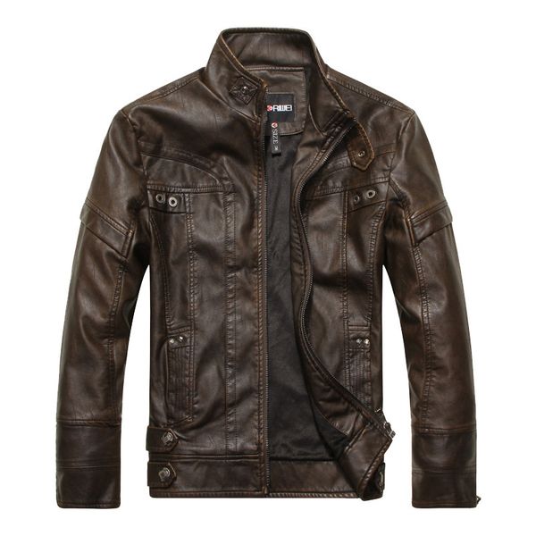 

2019 winter brown leather jacket men stand collar zipper up fur lining slim biker motorcycle jacket casaco couro casculino, Black