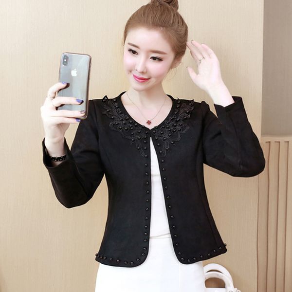 

2018 autumn and winter new women's wear deerskin short coat fashion versatile pearl decoration small business suit jacket, Tan;black
