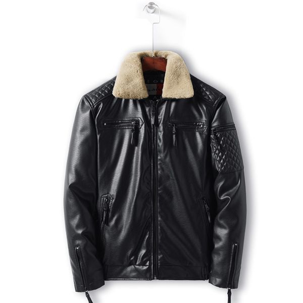 

men's zippers leather jacket fur collar jacket men winter slim thick plus size leather coats male, Black
