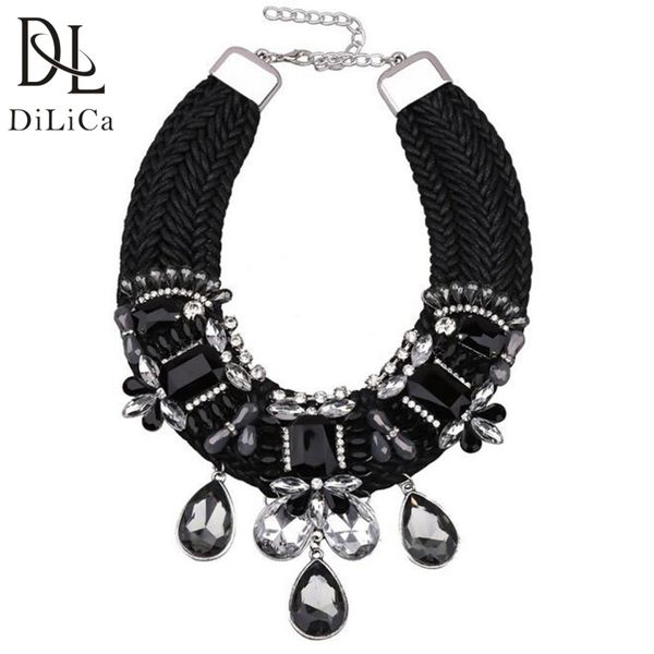 

dilica bohemian crystal statement necklace for women hand-knit choker necklace pendant vintage flower chunky necklaces jewelry, Golden;silver